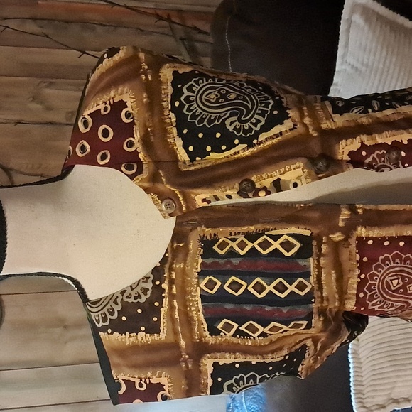 Vintage Boho 100% Silk Faux Patchwork Vest Button Down Front Back Tie Size 6 - Picture 2 of 8